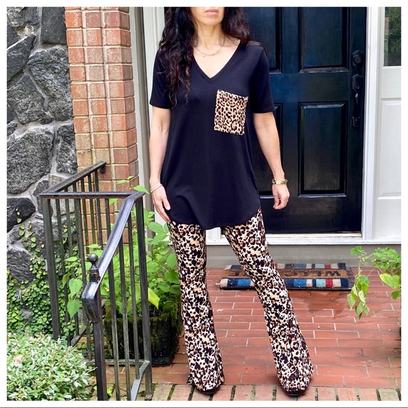 BLACK V NECK LEOPARD POCKET TUNIC TOP - Picture 6 of 14